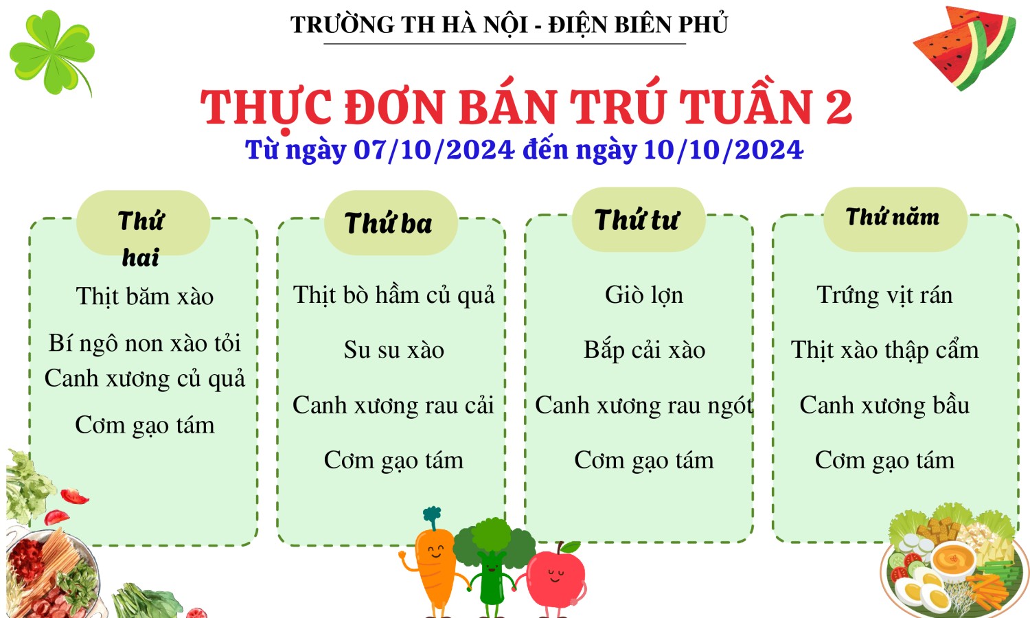Thực đơn bán trú tuần 2, năm học 2024-2025