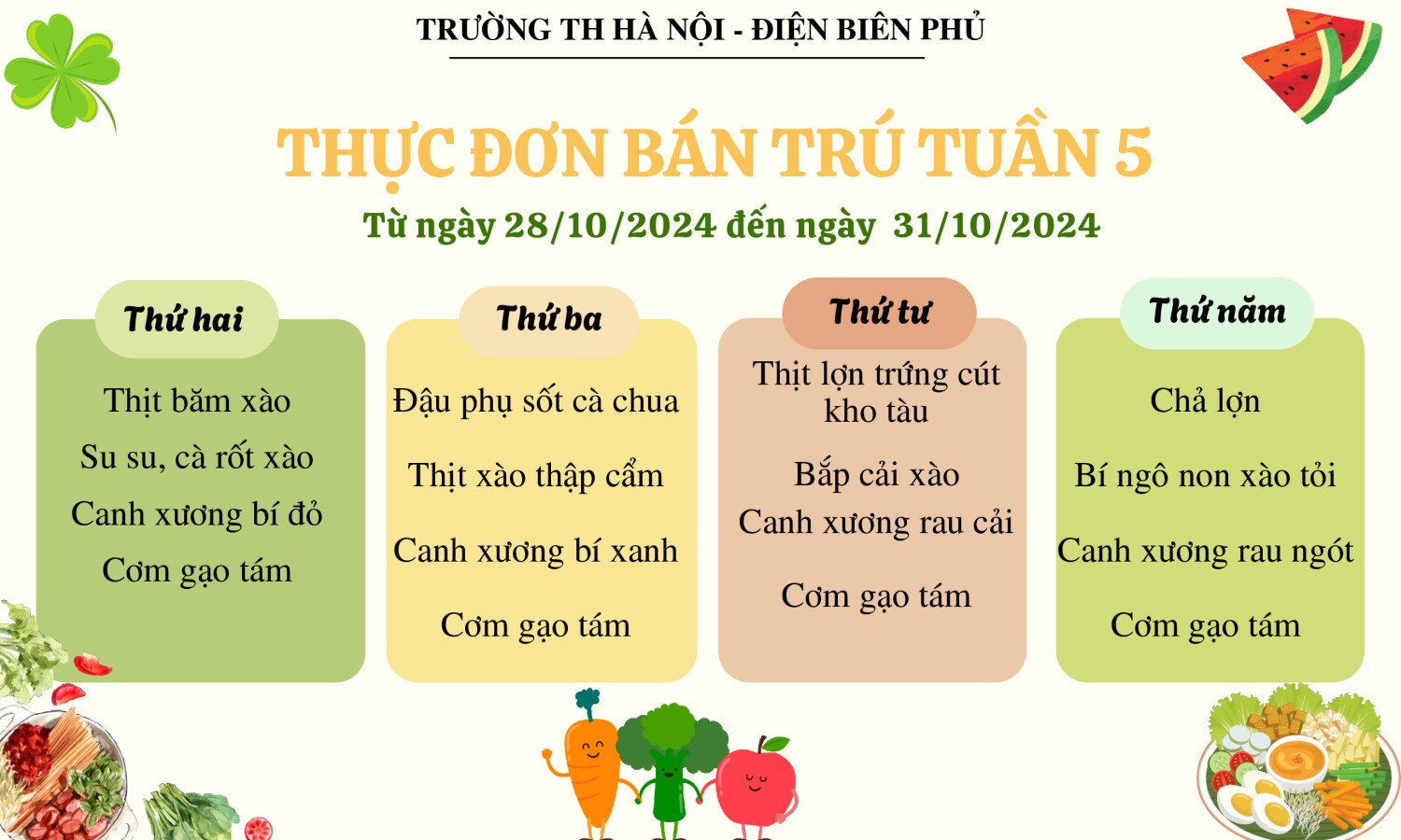 Thực đơn bán trú tuần 5, năm học 2024-2025
